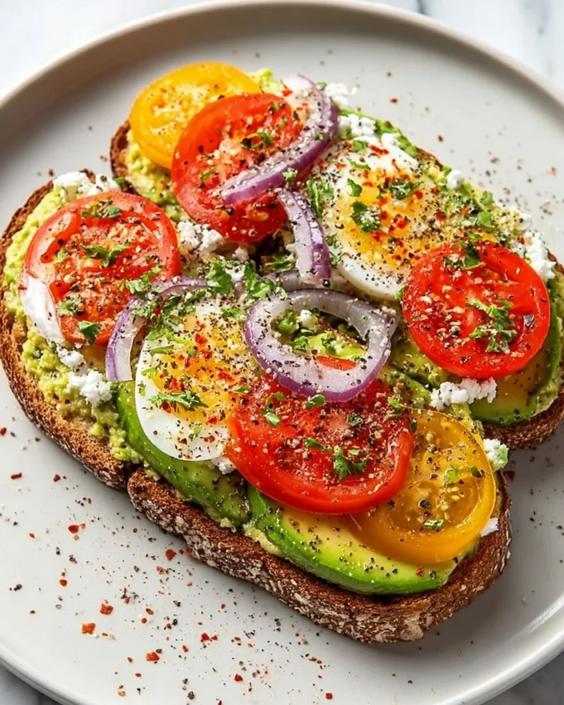Delicious loaded avocado toast with toppings on a plate