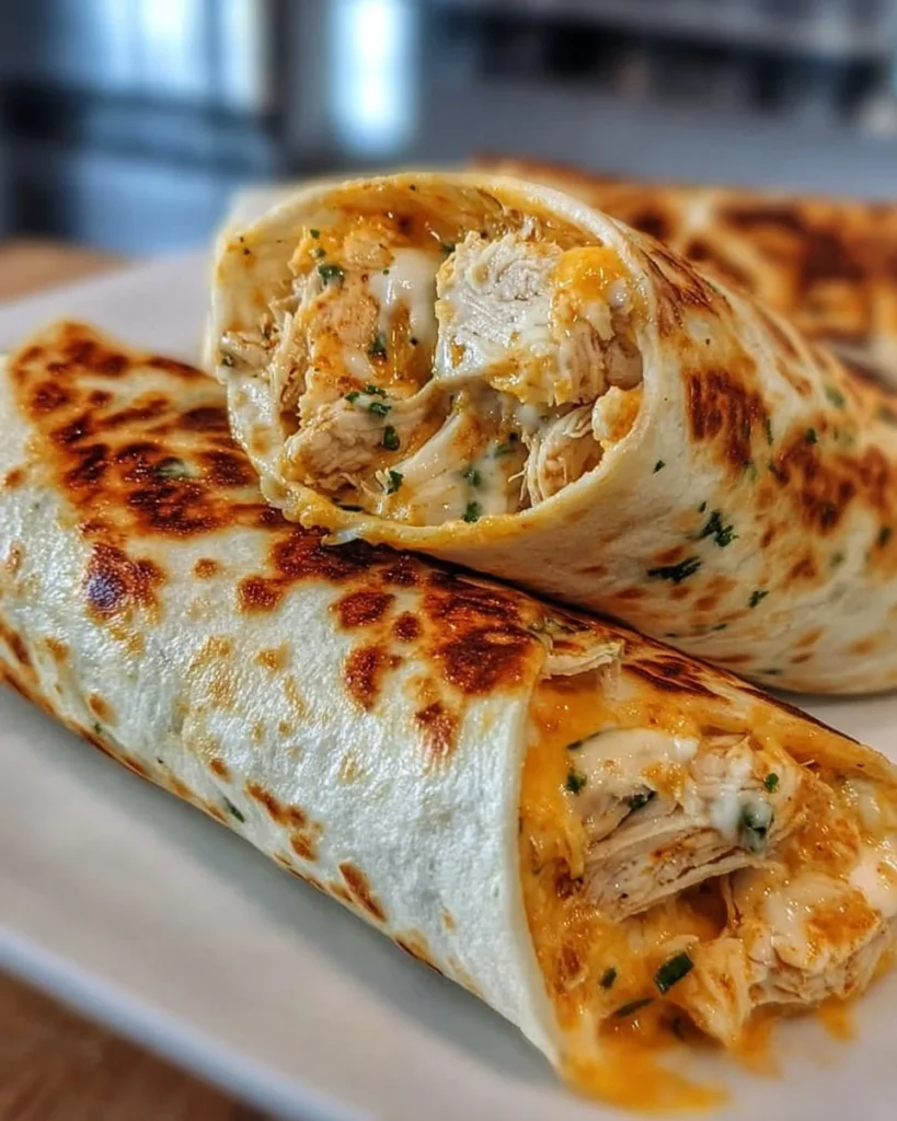 Low carb cheesy garlic chicken wraps on a plate garnished with herbs