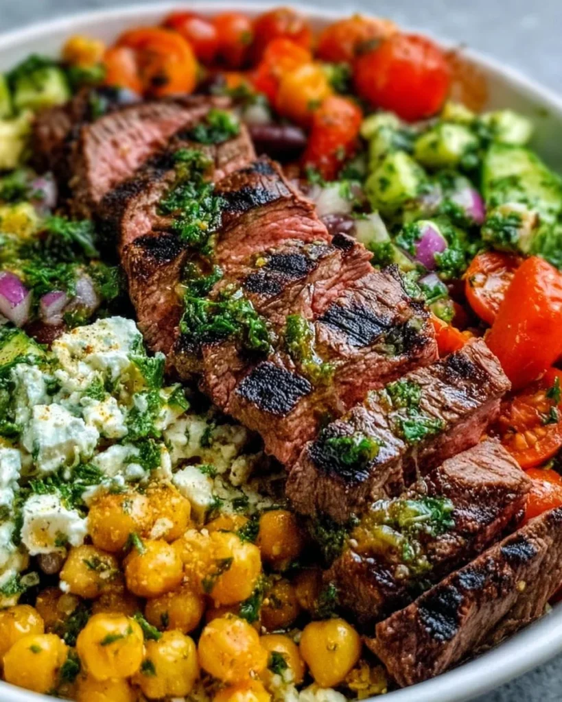 Mediterranean Steak Bowl topped with fresh vegetables and herbs