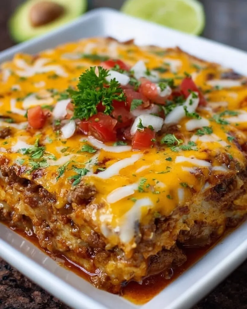 Delicious Mexican Lasagna with layers of tortillas, cheese, and spicy ingredients
