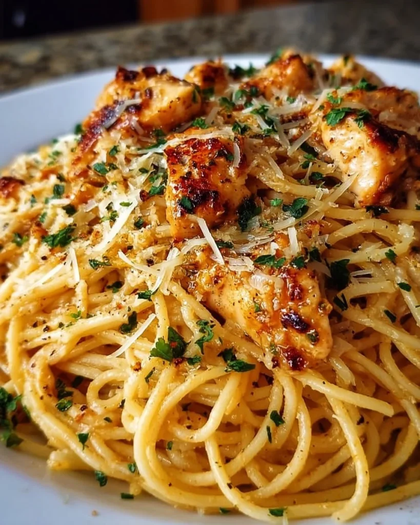 Delicious Monterey Chicken Spaghetti garnished with herbs on a plate.