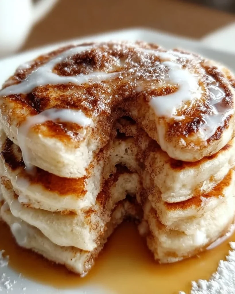 Nancy's delicious cinnamon roll pancakes topped with icing and cinnamon