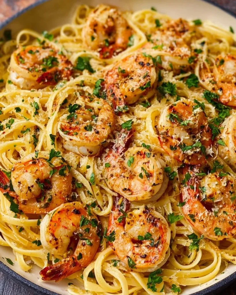 Delicious Old Bay Garlic Shrimp Pasta served in a bowl with herbs and spices.