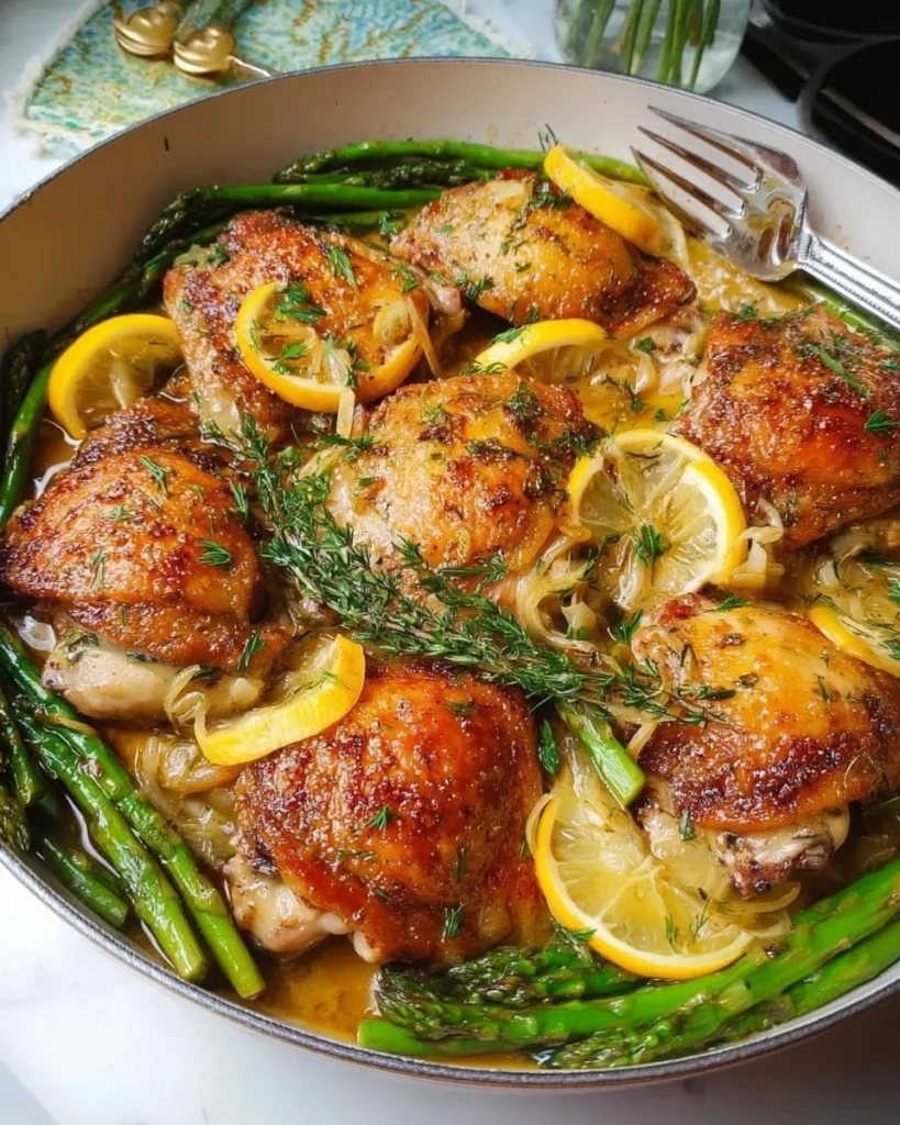 One-Pan Dill & Lemon Chicken served with asparagus on a plate