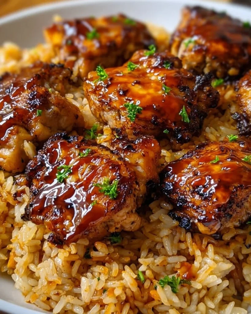 One-Pan Honey BBQ Chicken Rice dish served on a plate with garnish