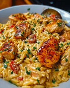 One-Pot Cajun Chicken Alfredo Orzo dish served with parsley on a plate