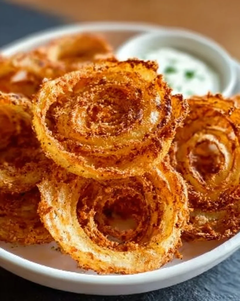 Close-up of crispy onion ring chips in a bowl