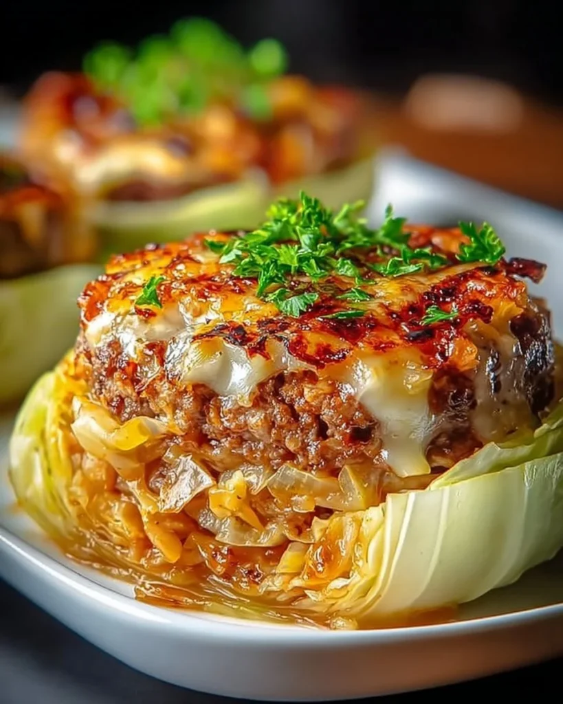 Oven-baked cabbage burgers served on a plate, showcasing a healthy meal option.