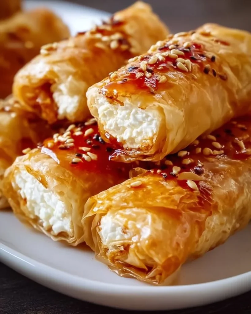 Oven fried feta rolls served on a plate with herbs and dipping sauce