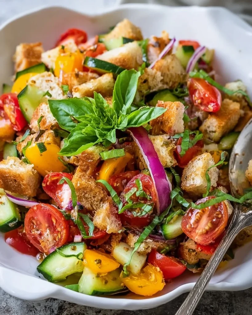 Fresh Panzanella Salad with tomatoes, bread, and basil ingredients