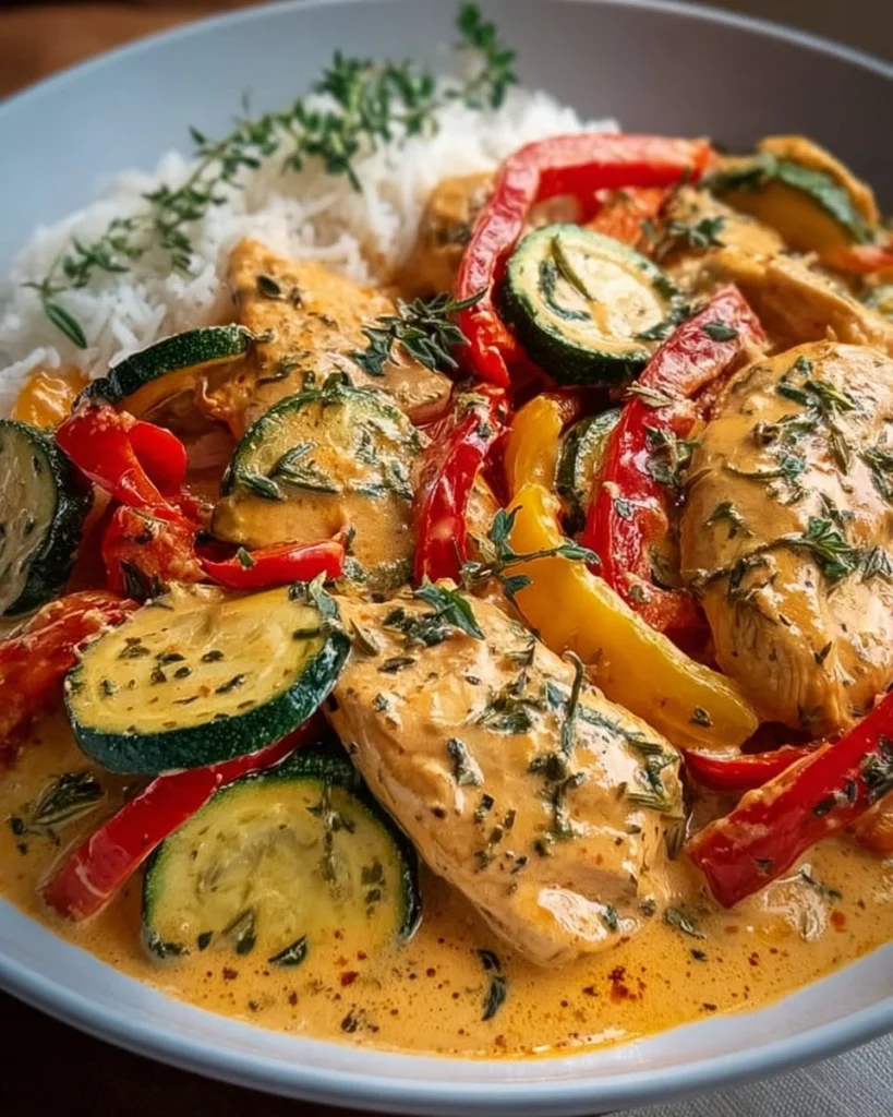 Delicious Paprika Zucchini Cream Chicken dish served in a bowl