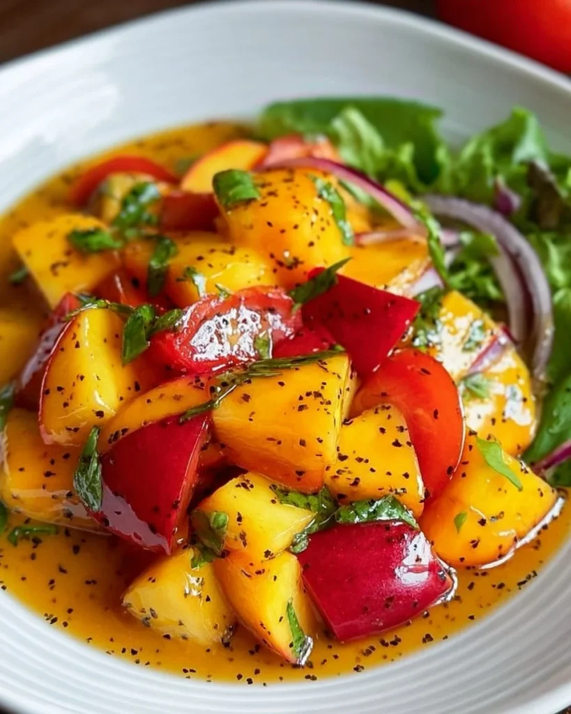 Peach Honey Dijon Vinaigrette served on a fresh salad