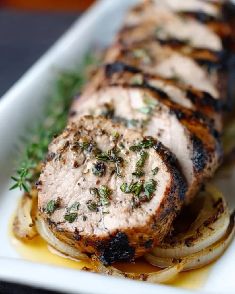 Peppercorn grilled pork tenderloin served with herb butter on a plate.