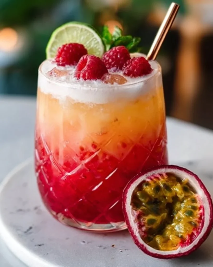 Raspberry Passionfruit Tequila Sour cocktail in a glass with garnishes.