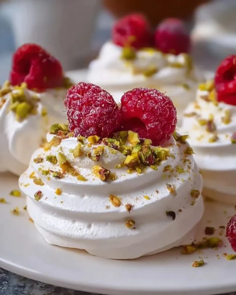 Delicious Raspberry Pistachio Mini Pavlovas topped with fresh raspberries and cream