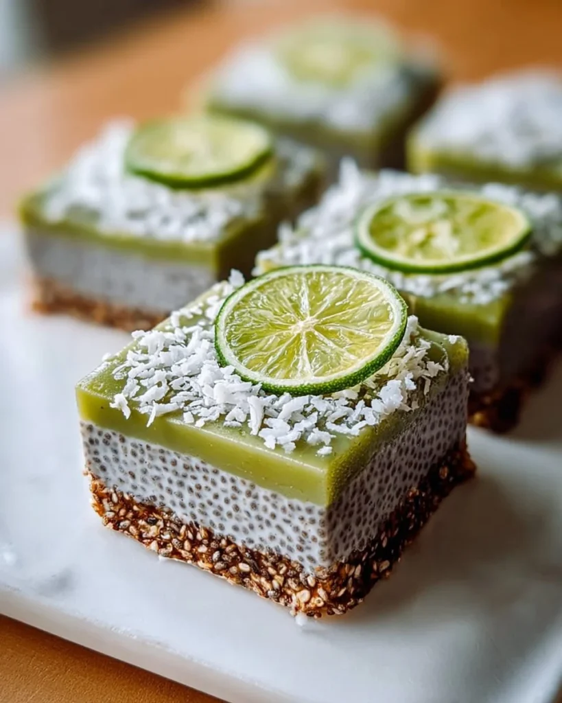 No-bake chia pudding bars featuring coconut lime flavor and healthy ingredients.