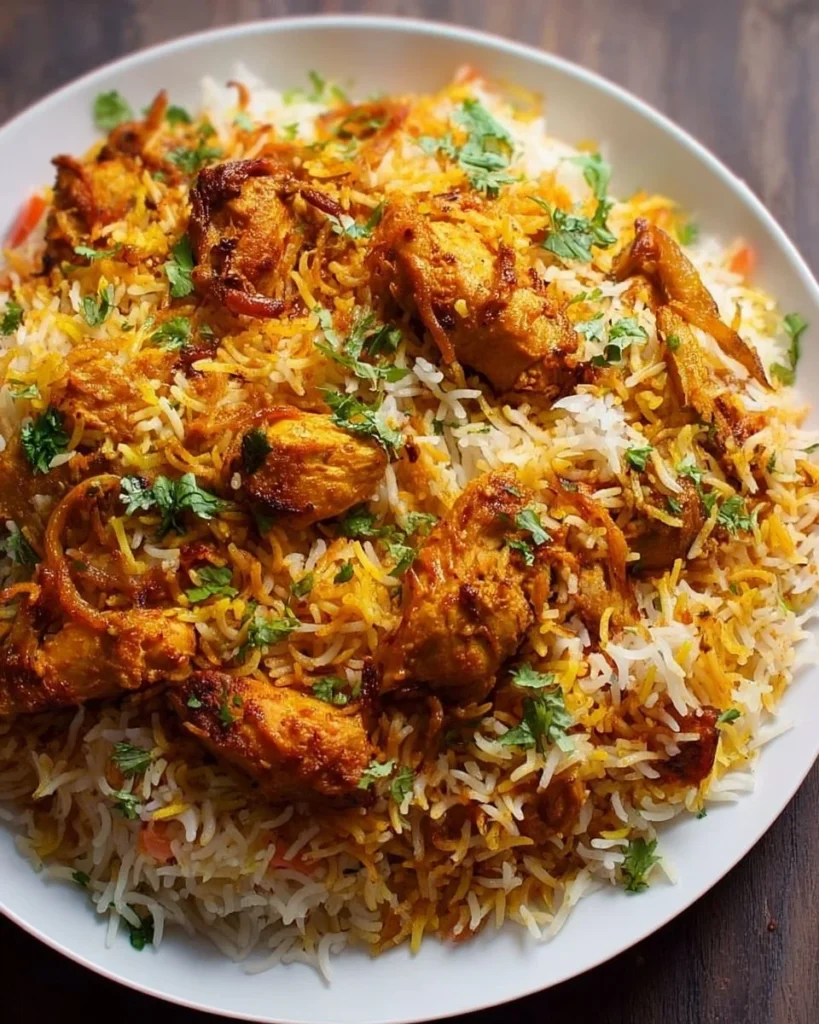 Delicious plate of rich butter chicken biryani with aromatic spices and herbs.