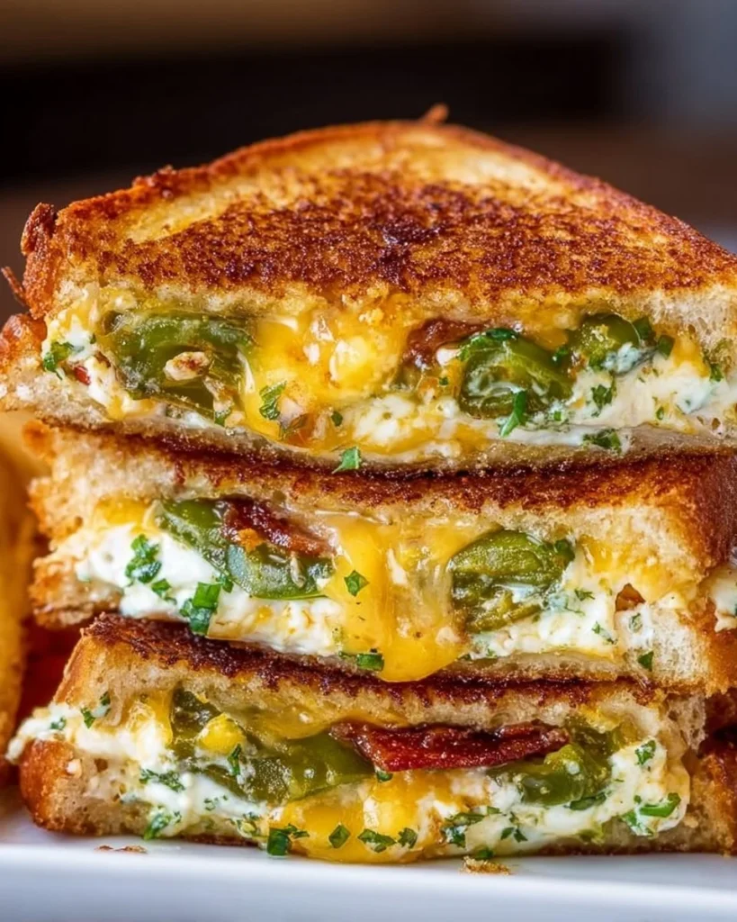 Delicious roasted jalapeno popper grilled cheese sandwich on a wooden cutting board.