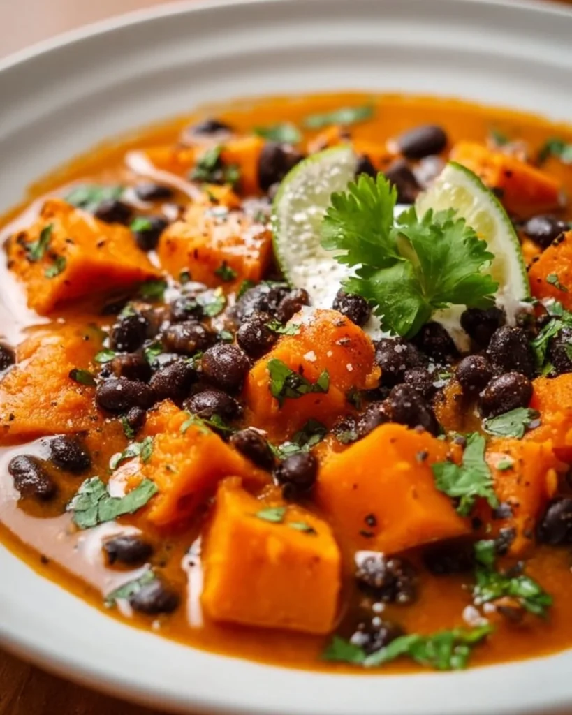 Bowl of roasted sweet potato and black bean soup topped with herbs