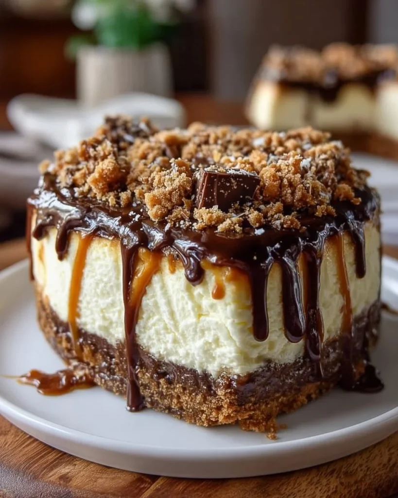 Samoa Cookie Cheesecake topped with caramel and coconut for a delicious dessert.