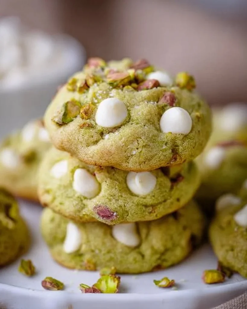 Soft and chewy pistachio pudding cookies on a plate