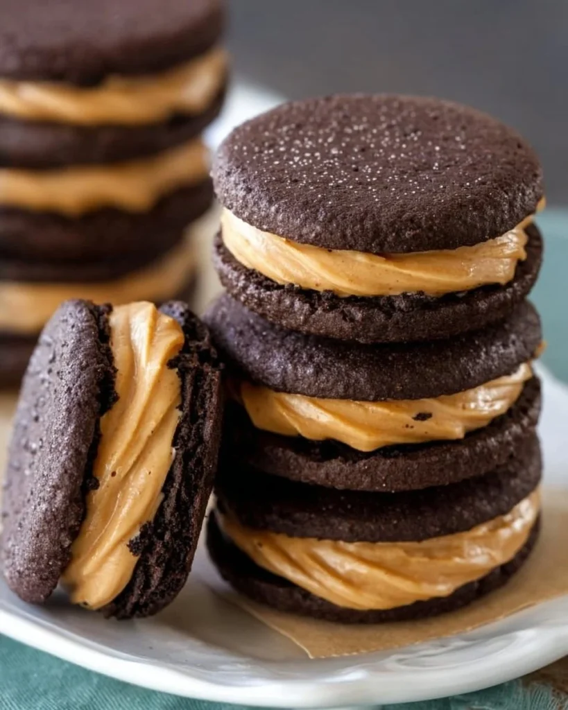 Delicious soft homemade Peanut Butter Oreos stacked on a plate.
