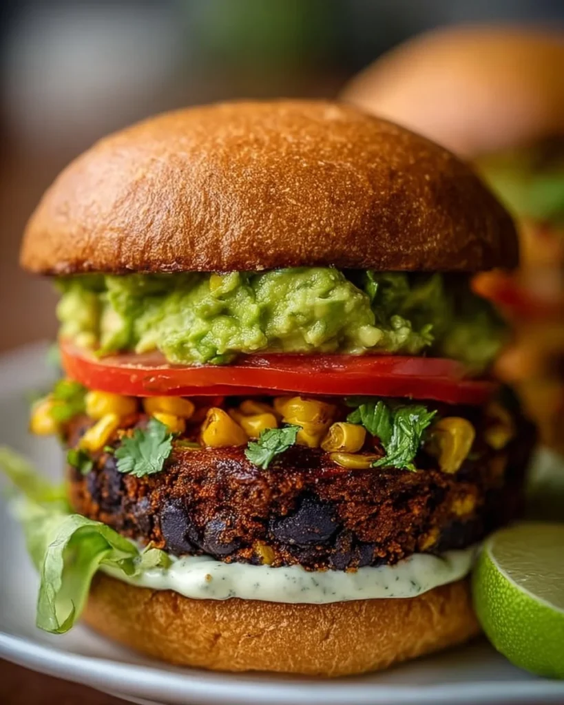 Spiced black bean burger topped with creamy avocado on a plate