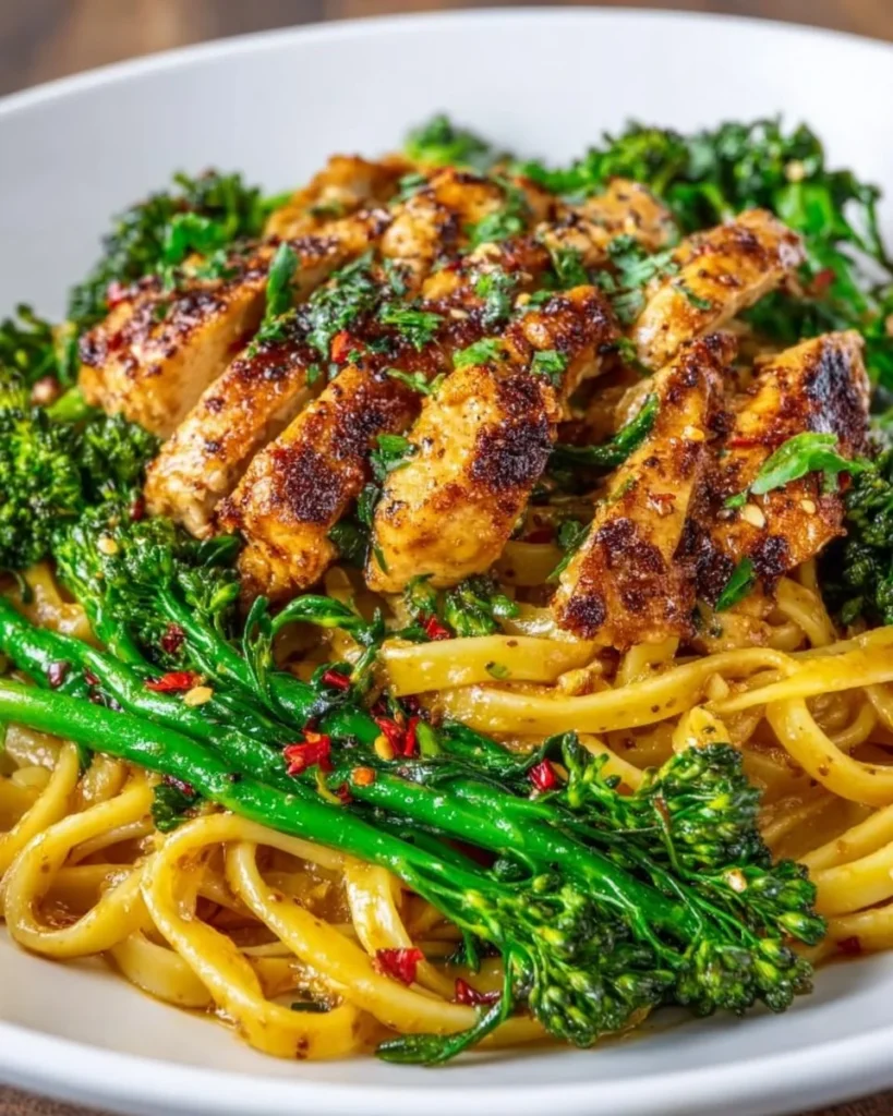 Spicy garlic chicken broccoli noodle bowls garnished with fresh herbs