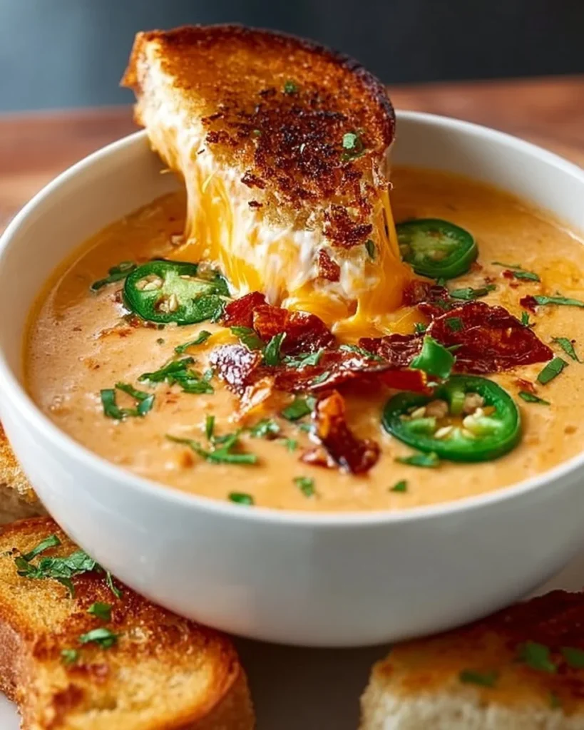 Bowl of spicy jalapeño popper soup with grilled cheese dippers on the side.