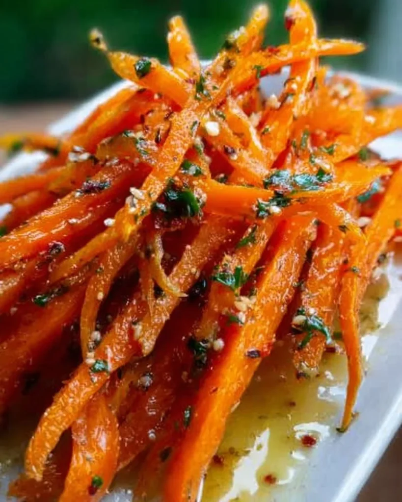 Spicy Korean carrots served in a bowl, showcasing vibrant colors and textures.