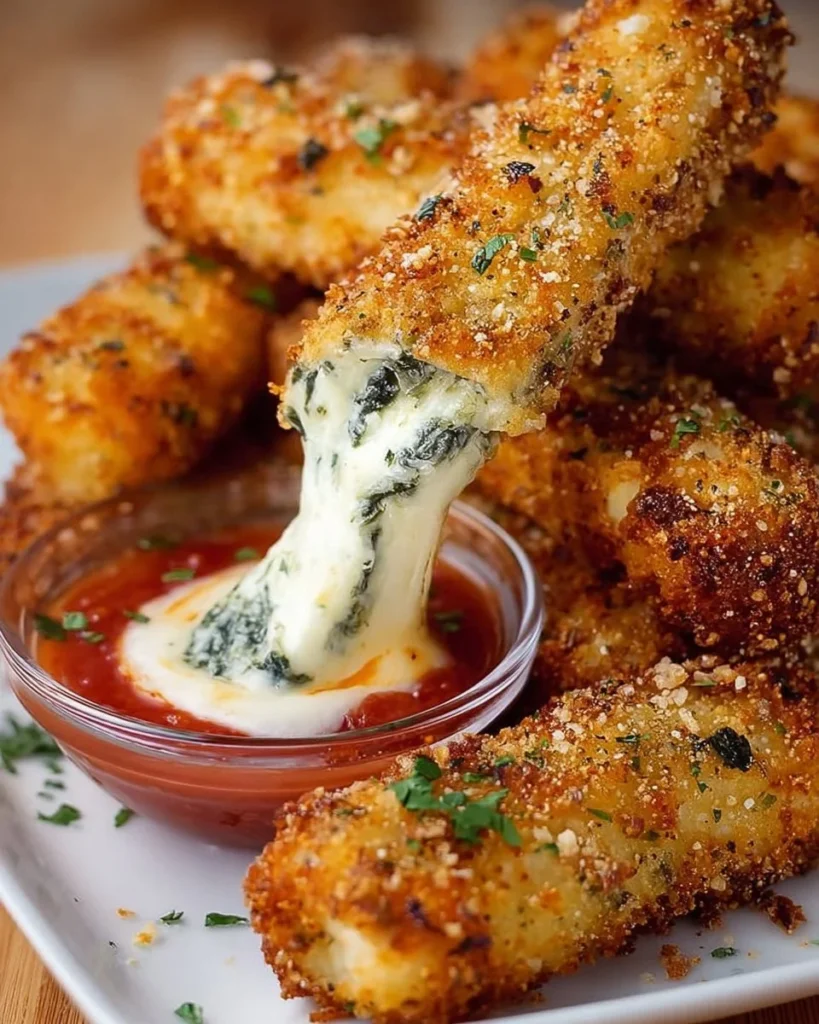 Crispy mozzarella sticks filled with creamy spinach dip, perfect for appetizers.