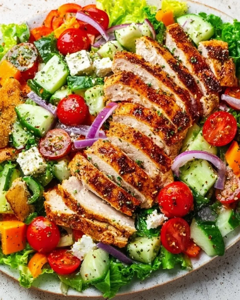 Colorful spring salad topped with baked chicken and fresh vegetables.