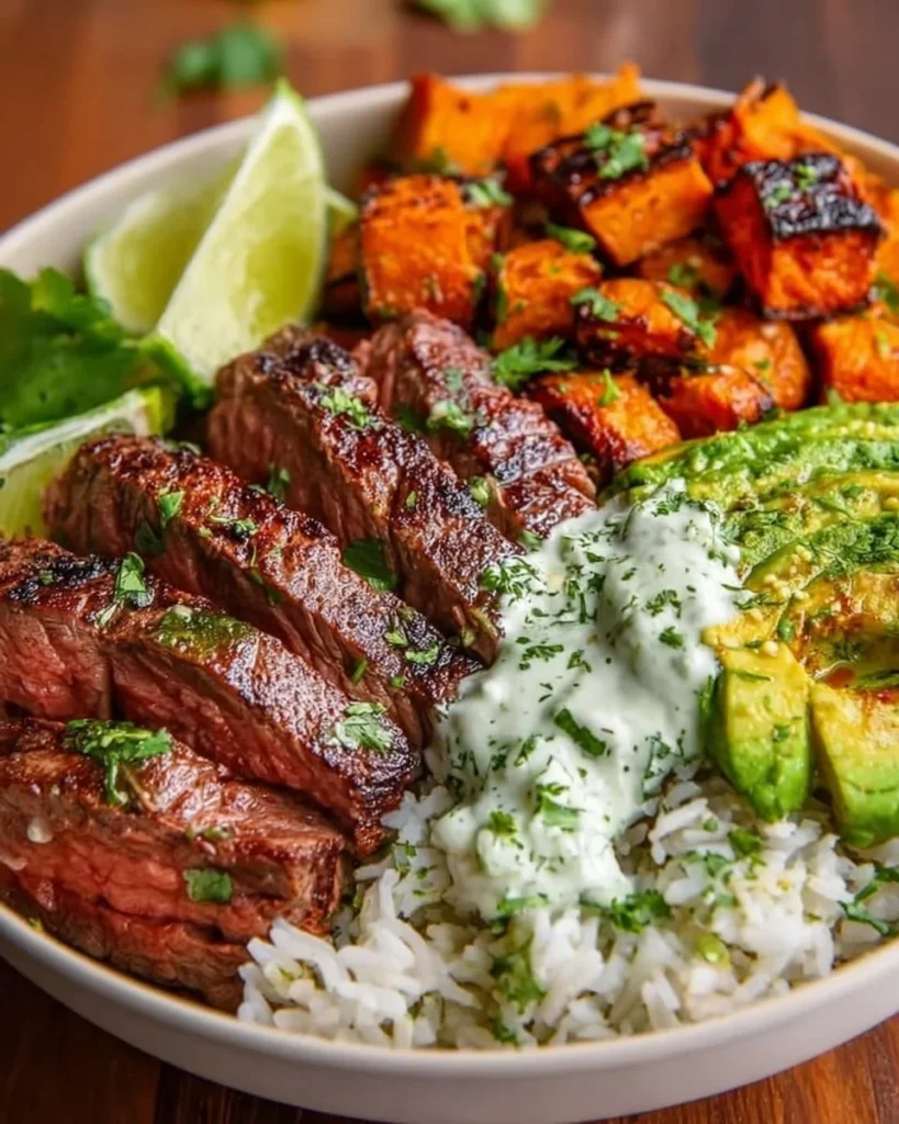 Steak Bowl with sweet potatoes, healthy meal option