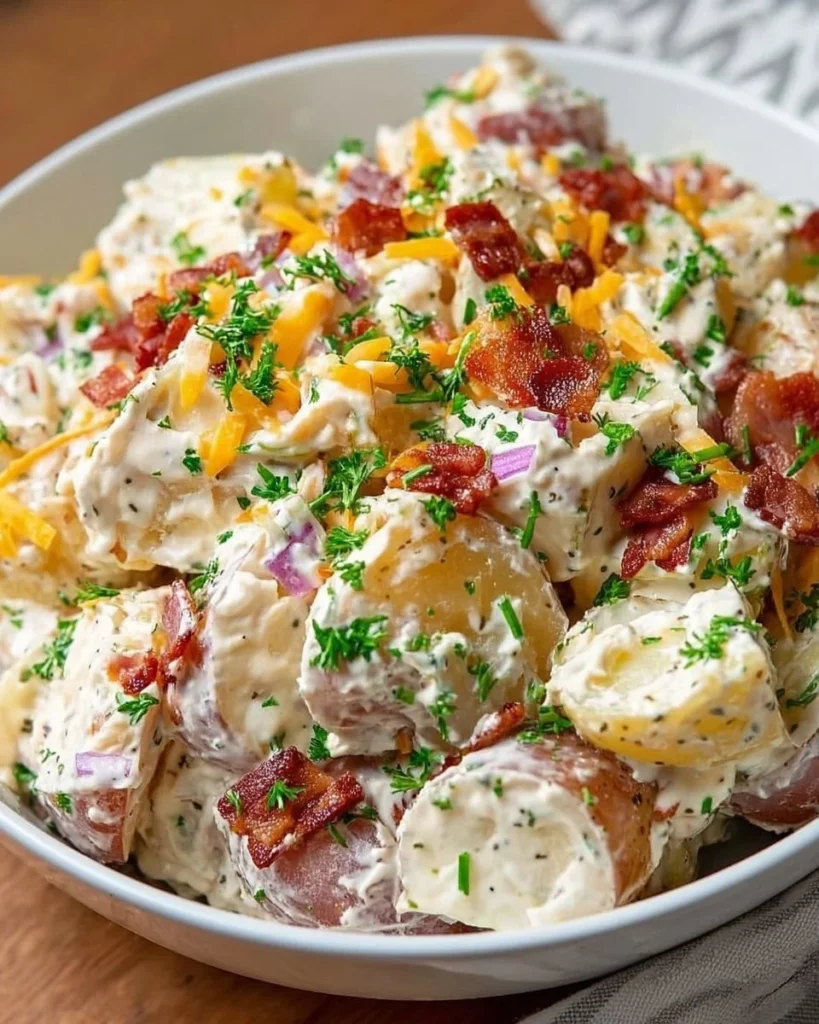 Delicious steakhouse potato salad served as a creamy side dish.