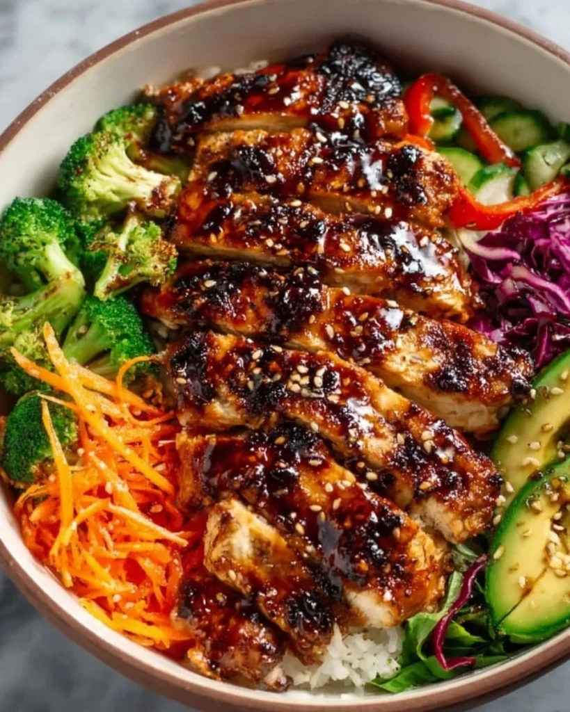 Delicious sticky chicken bowls with colorful vegetables and sauce