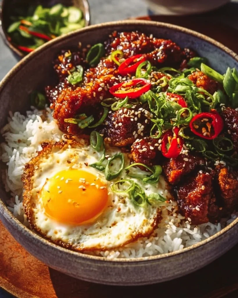 Delicious sticky Korean fried chicken served in rice bowls
