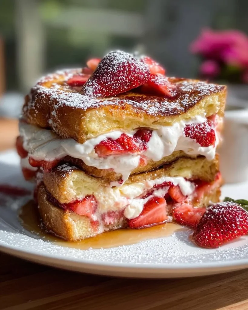 Delicious Strawberry Cheesecake Stuffed French Toast with strawberries and cream cheese