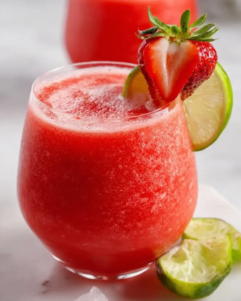 Delicious Strawberry Daiquiri cocktail garnished with fresh strawberries.