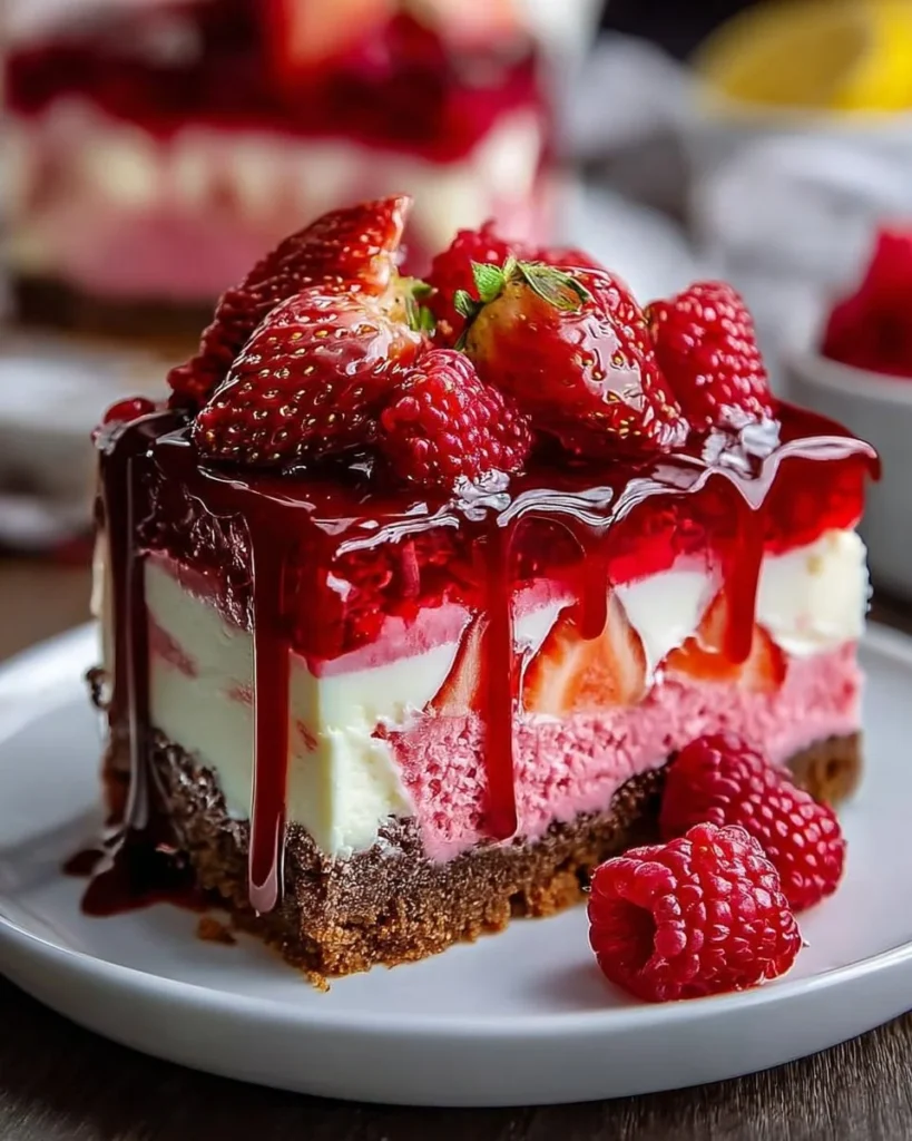 Delicious strawberry lemonade cheesecake slice topped with fresh strawberries.