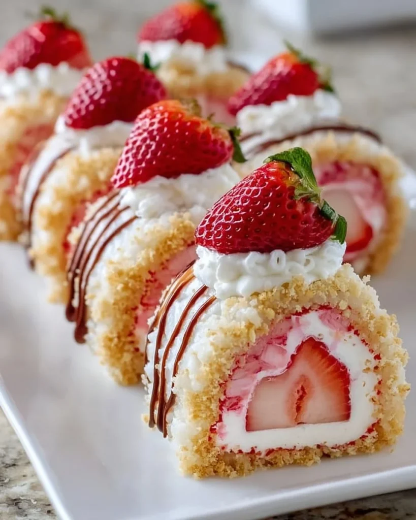 Strawberry shortcake cheesecake sushi rolls beautifully plated and garnished.