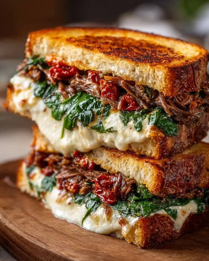 Sun-Dried Tomato, Spinach & Ricotta Short Rib Grilled Cheese sandwich