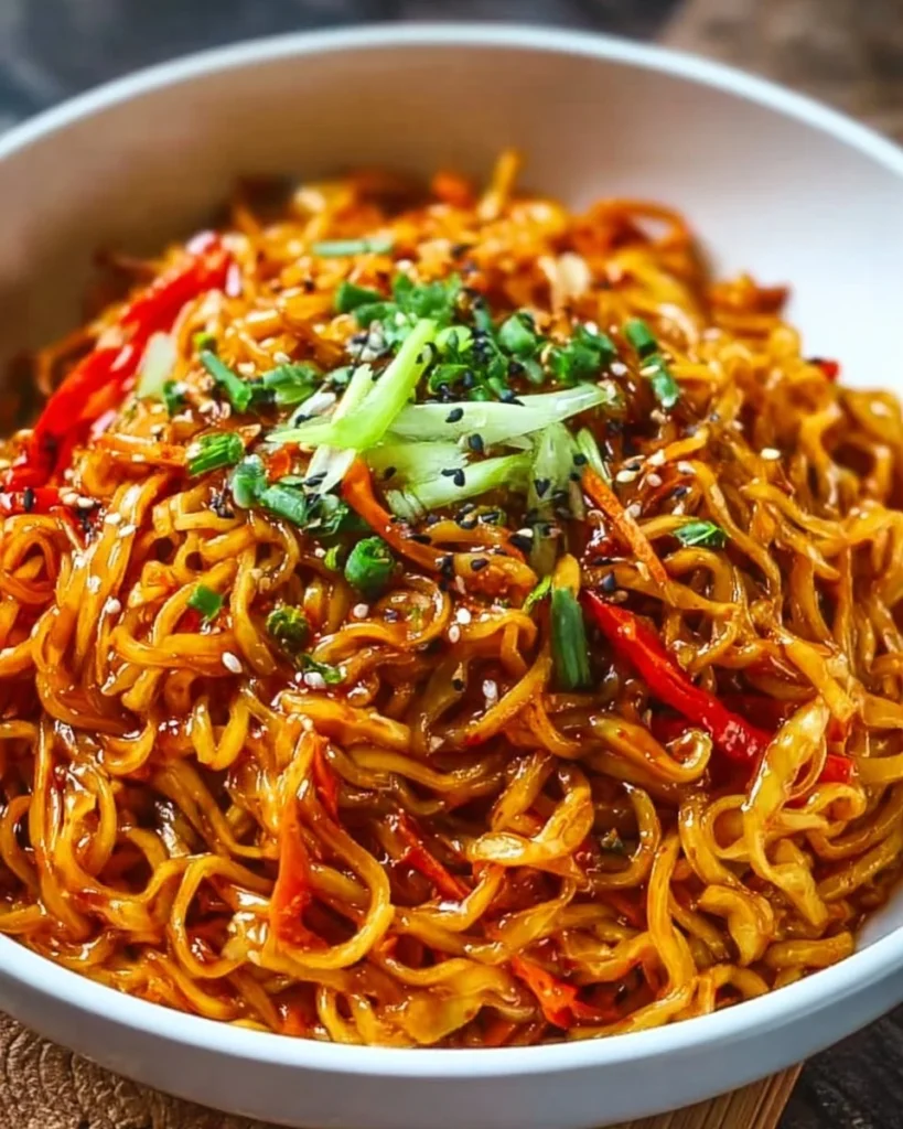 Bowl of sweet and spicy Korean Gochujang noodles garnished with vegetables