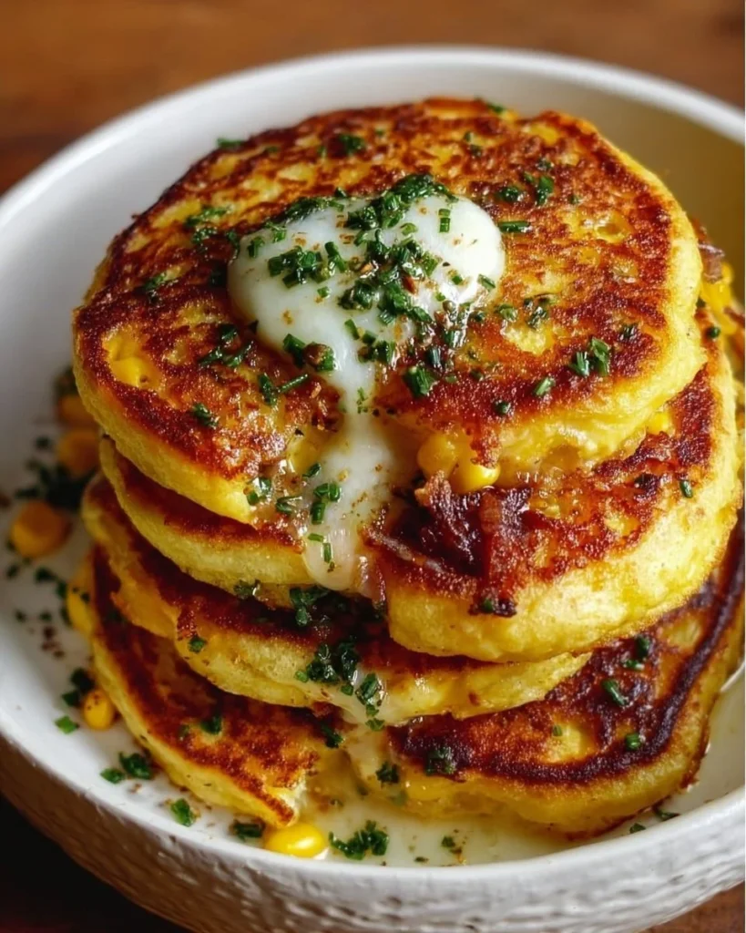 Fluffy sweet corn pancakes served with syrup and butter