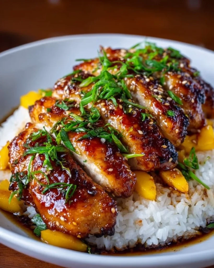 Delicious mango glazed chicken with savory sauce and fresh herbs