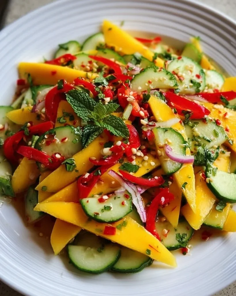 Delicious sweet and spicy Thai mango salad garnished with cilantro and peanuts.
