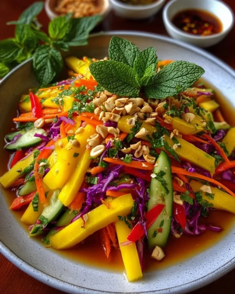 Sweet and spicy Thai mango salad topped with fresh herbs and chili