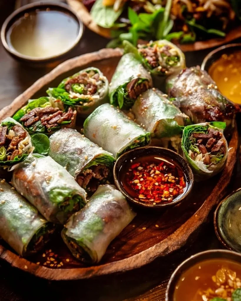 Plate of Thai Basil Beef Rolls garnished with fresh basil and chili peppers