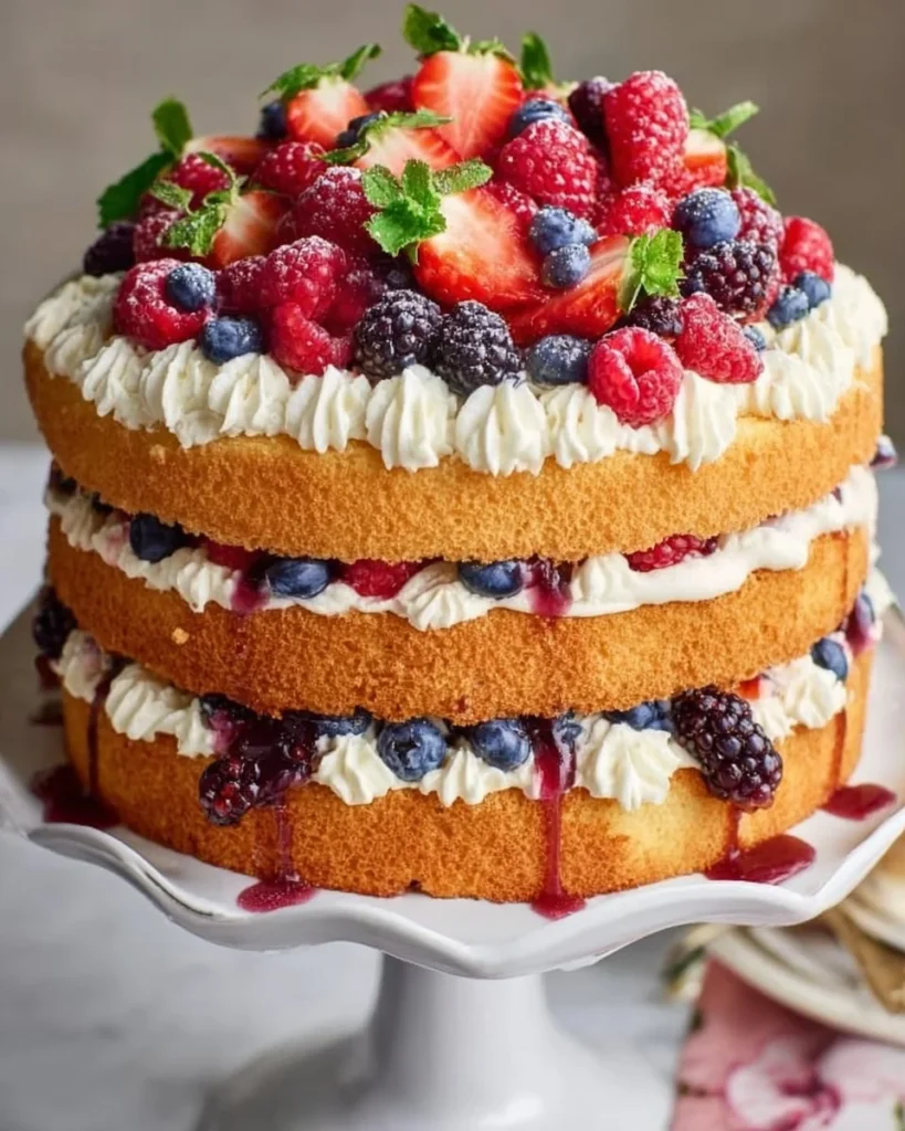 Delicious berry tres leches cake topped with fresh berries and whipped cream.