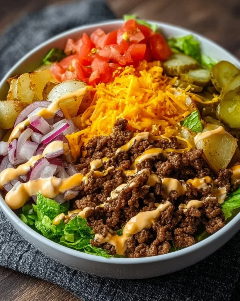 Delicious smash burger bowl with fresh toppings and juicy burger patty