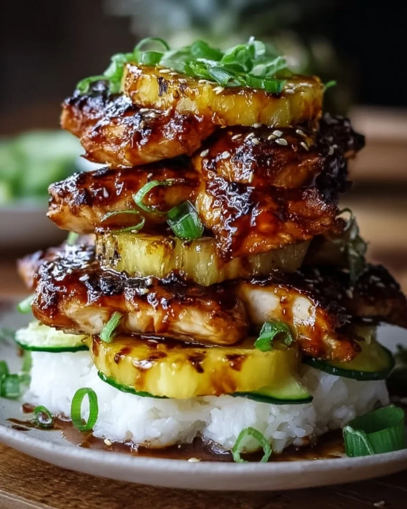 Delicious Hawaiian Huli Huli Chicken stack ready to serve.